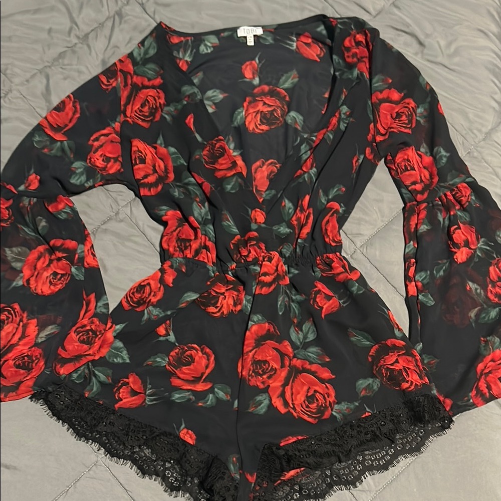 Tobi Black Romper with Red Floral Design